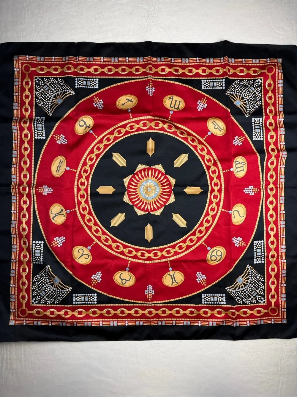 Decorative Red Black Gold Zodiac Symbols Medallion Square Scarf
